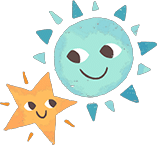 A sun and a star on a black background.